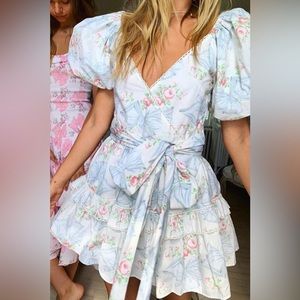 LoveShackFancy zelle blue bow puff slv mini dress - 2 - worn once